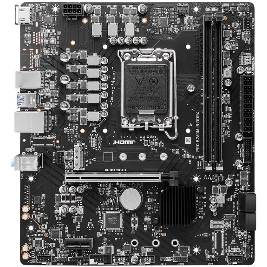 MSI PRO B760M-B DDR4, mATX, Socket 1700, Dual Channel DDR4 4800(OC)MHz, 1x PCIe x16 slots, 2x M.2 slots, 1x HDMI, 1x DP, 1x VGA, 1x USB 3.2 Gen 2 Type-C, 1x USB 3.2 Gen 1, 4x USB 2.0, 2x ARGB Headers, 7.1 HD Audio, 1Gbps LAN, 3Y "PRO_B760M-B_DDR4"