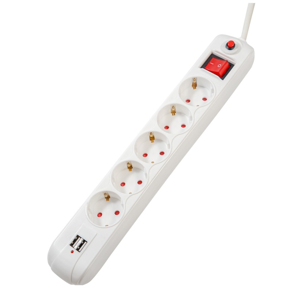 PRELUNGITOR SPACER, Schuko x 5, conectare prin Schuko (T), USB x 2, cablu 1.8 m, 16 A, max. 3500W, protectie supratensiune, alb, 45506867 "PP-5-18 USB" (timbru verde 0.18 lei)