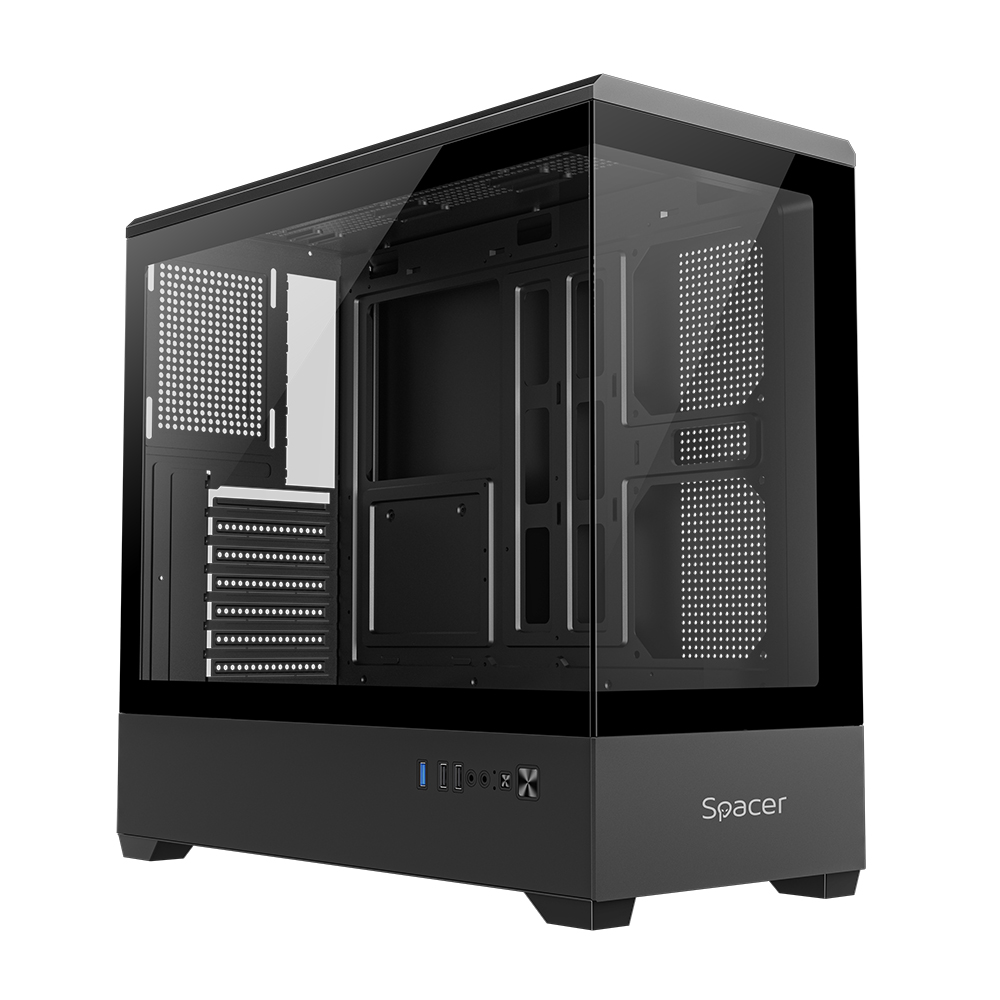 CARCASA SPACER - gaming, Middle Tower, ATX, "NAUTILUS", fara sursa, sticla securizata, USB 3.0 x 1, USB 2.0 x 2, HD-Audio, Jack 3.5mm x 1, black "SPCS-GC-NAUTILUS-BK"