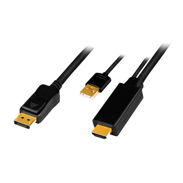 CABLU video LOGILINK, HDMI (T) 1.4 + USB (T) la DisplayPort (T) 1.2, 2m, conectori auriti, rezolutie maxima 4K (3840 x 2160) la 30 Hz, plastic, triplu ecranaj, USB powered, negru, "CH0091" (timbru verde 0.18 lei)