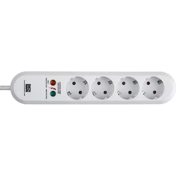 PRELUNGITOR Bachmann, Schuko x 4, conectare prin Schuko (T), cablu 1.5 m, protectie supratensiune, alb, "B381.2212K" (timbru verde 0.18 lei)