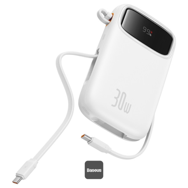 POWER BANK Baseus Qpow2 Digital Display, 10000mAh, 30W, 2 x USB Type-C output/input, 1 x USB, include cablu USB Type-C la USB Type-C 30cm, alb, "P10055008213-00" (timbru verde 0.98 lei) - 6932172667733