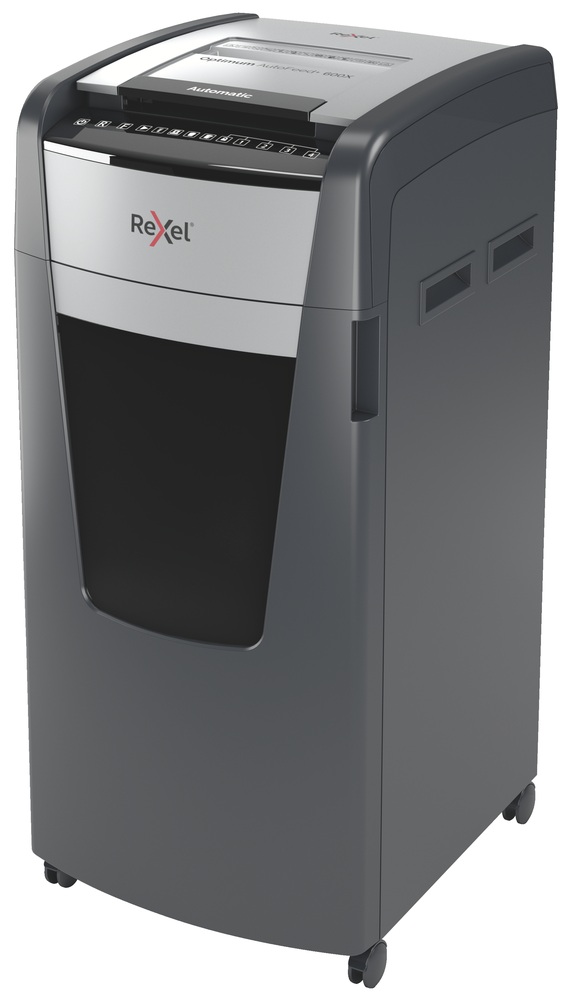 Distrugator automat documente Rexel OPTIMUM 600X , 600 coli, P4, cross-cut (tip confeti), cos 110 litri, negru-gri, "2020600XEU" (timbru verde 40 lei)