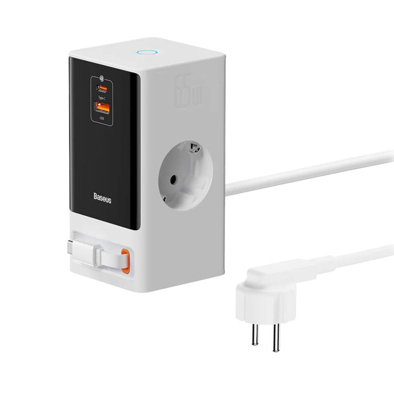 INCARCATOR RETEA Baseus PowerCombo Powerstrip, QC 65W, 2xAC, 1 x cablu integrat retractabil USB Type-C Output 5V/3A, 1xUSB, 1.5m, alb "PSLR000602" (timbru verde 0.18 lei) - 6932172628604