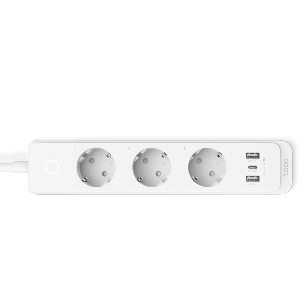 PRELUNGITOR inteligent TP-LINK, Schukox3, USB x 2, USB Type-C x 1, lung cablu 1.5m,monitorizarea energiei, conec Schuko (T), 10 A,prog prin smartph, BT, WiFi, alb "Tapo P300" (timbru verde 0.18 lei)