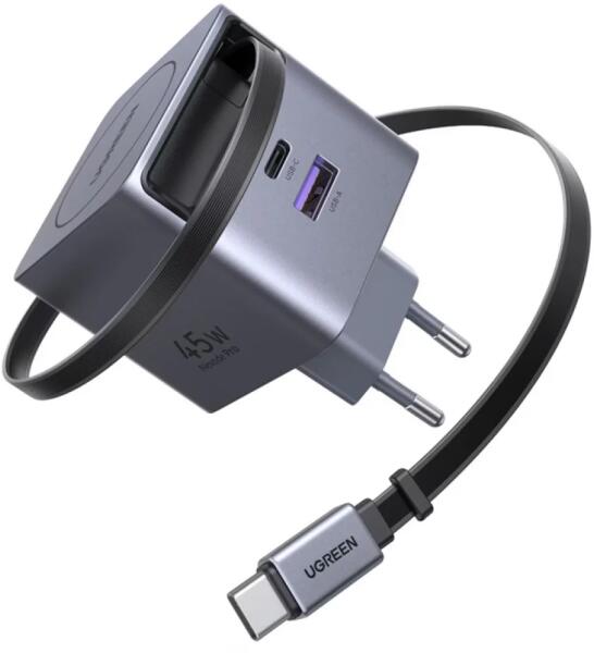 INCARCATOR retea Ugreen GaN "X614" Quick Charge 45W, 2 x USB Type-C, cablu retractabil USB type-C, gri "65822" (timbru verde 0.18 lei) - 6941876268221