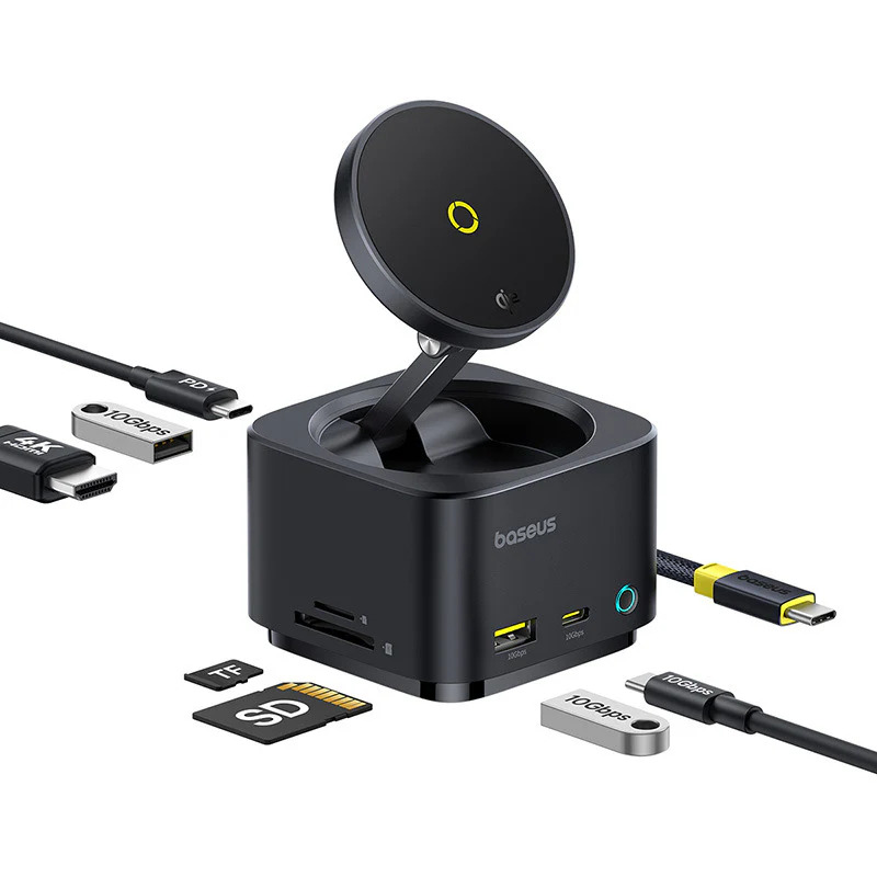 DOCKING Station Baseus MagPro Series II 7-in-1,conectare PC USB-Type-C,USB 3.2 x 1, incarcare wireless 15W, card reader MicroSD/SD,USB-Cx1 PD 100W 5V/9V/4.5V/20V 5A(Max.),HDMIx1/4K/60Hz,negru "B00072900121-00" (timbru verde 0.18 lei) - 6932172672669