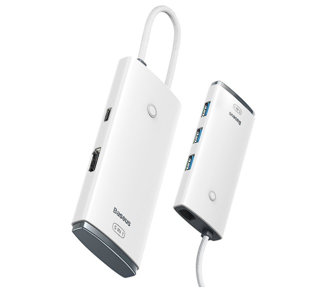 DOCKING Station Baseus Lite, conectare PC USB Type-C, USB 3.0 x 3, USB Type C x 1 PD 20V/5A, HDMI x 1/4K/30Hz, alb "WKQX040002" (timbru verde 0.18 lei) - 6932172606312