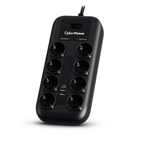 PRELUNGITOR CYBER POWER, Schuko x 8, conectare prin Schuko (T), USB x 2, cablu 1.8 m, 10 A, protectie supratensiune, negru, "P0820SUF0-DE" (timbru verde 0.18 lei)