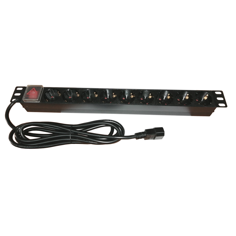 Bara alimentare aluminiu / PDU, 19 inch, 9 prize Schuko, 16A, 3500W, 3x1.5, 3m, stecher C14 - EMTEX "PDU9K-C14" (timbru verde 2 lei)