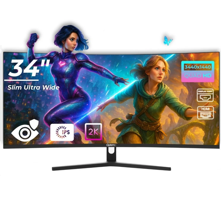 Monitor LED Gaming Curbat 34 inch OptimX MT34J, Ultra Wide Quad HD 3440 x 1440 2K, 100Hz, 2x HDMI, 2x DisplayPort, Slim, No Frame "75258" (timbru verde 7 lei)