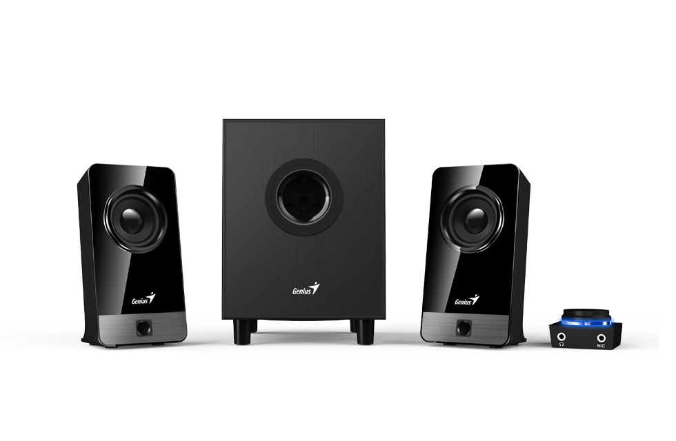 BOXE GENIUS 2.1, RMS: 10W (2 x 3.25W + 1 x 3.5W), black wood, "SW-2.1 300X" "31730041400" (timbru verde 11.00 lei)