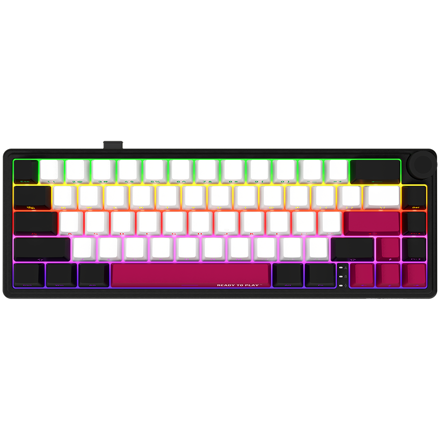 Wireless mechanical gaming keyboard Pro, 2.4 GHz, BT, RGB Backlight, 16 modes, 66 keys, 50M presses, multimedia knob, built-in 3750 mAh battery, Hot Swap, Gasket mount, spring cable 2.3m, black red white "LRG-KBP70MW-BK-US" (timbru verde 0.8 lei)