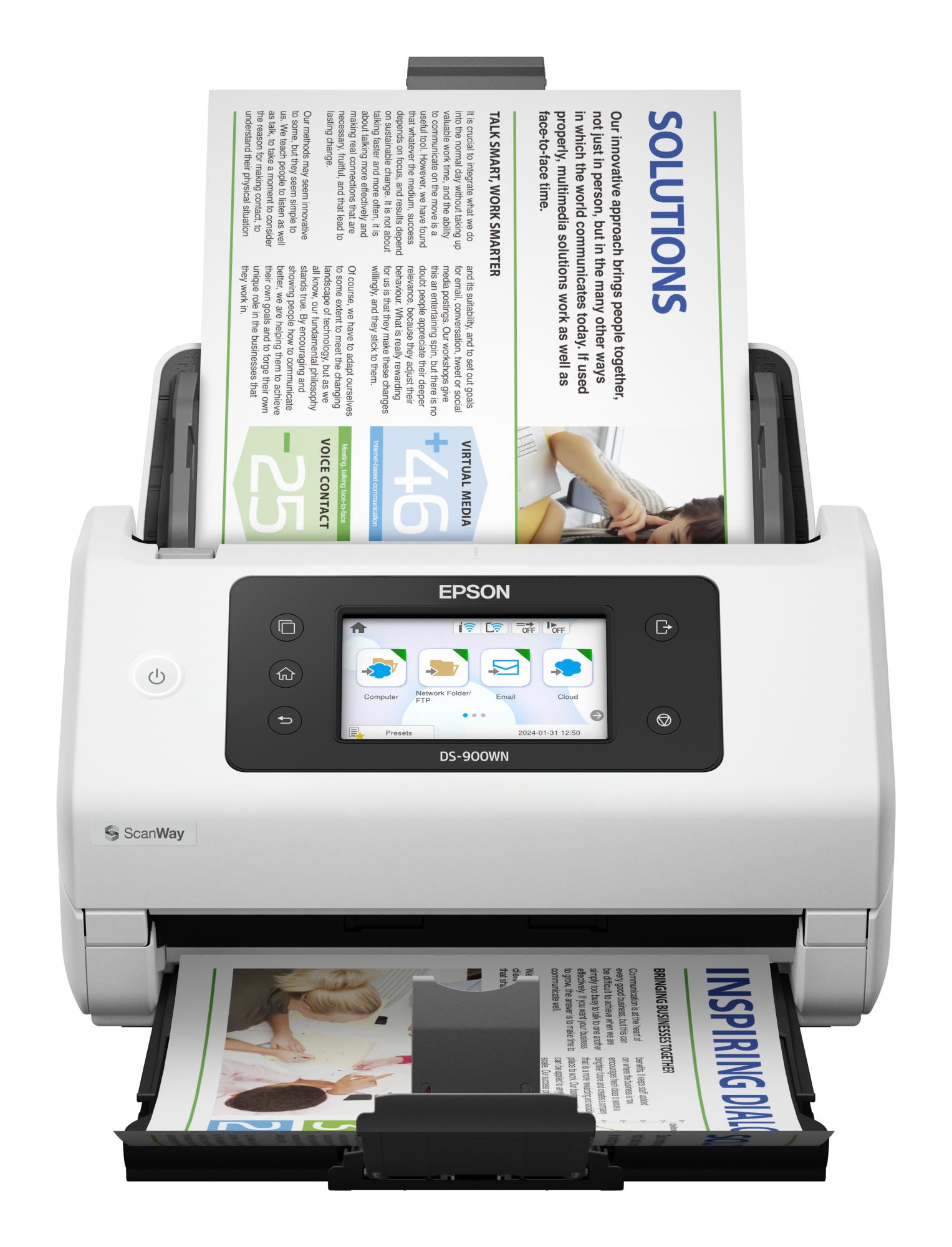 Scanner Desktop Duplex Epson DS-900WN, A4, Viteza de scanare duplex: 70ppm|140ipm, Optiuni: OCR, Conectivitate:USB|WIFI|LAN, Scanare ambele fete:Da, ADF:100coli, (RAPO),(Incl. TV 19Lei) "B11B276401"