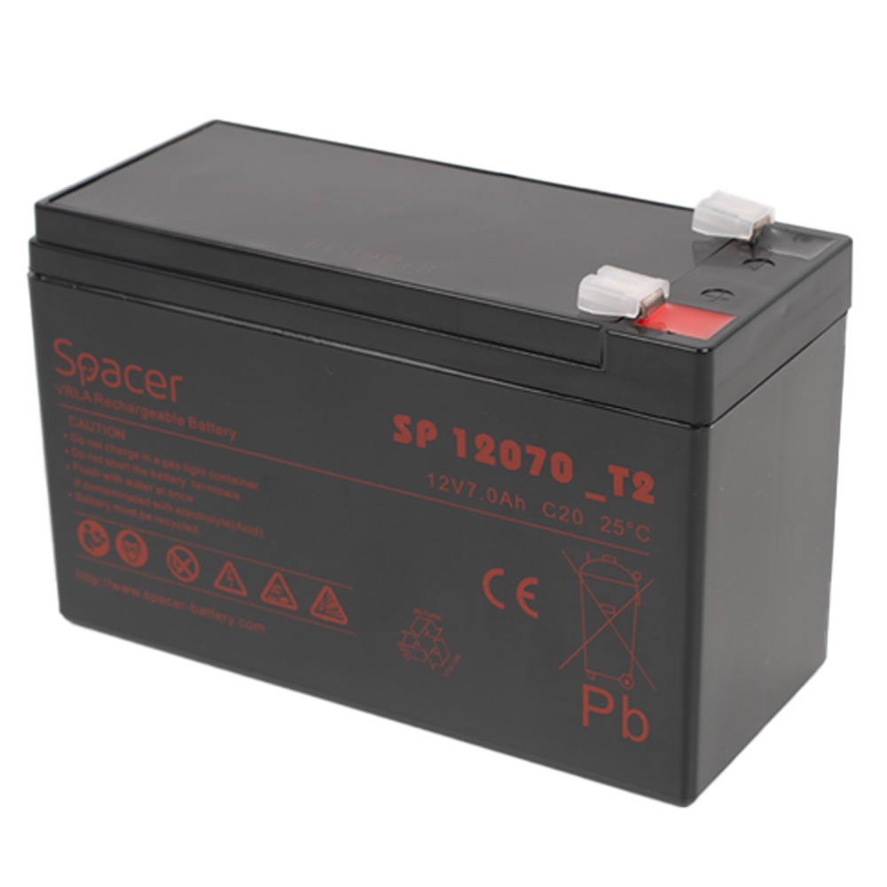 ACUMULATOR UPS SPACER 12V / 7Ah, dimensiuni: 151x66x96mm, inaltime+terminal: 102mm, terminal F2(T2), "SP-BAT-12V7AH" (timbru verde 0.5 lei)