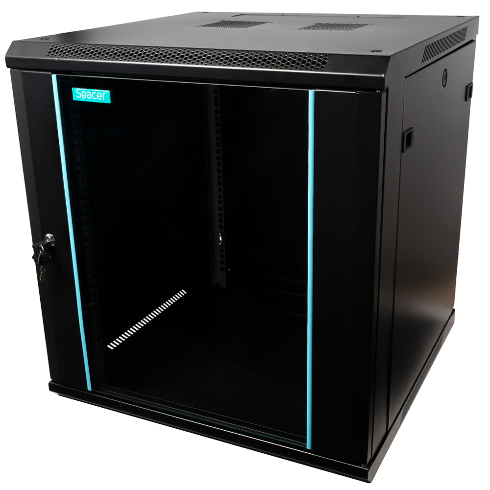 CABINET 19" SPACER 12U 600x600mm, fixare pe perete, Flatpack (dezasamblat), Black, usa sticla cu blocare, panouri detasabile, otel 1.5mm, sarcina maxima 60Kg, "SPCW-12U-600-BK-03"
