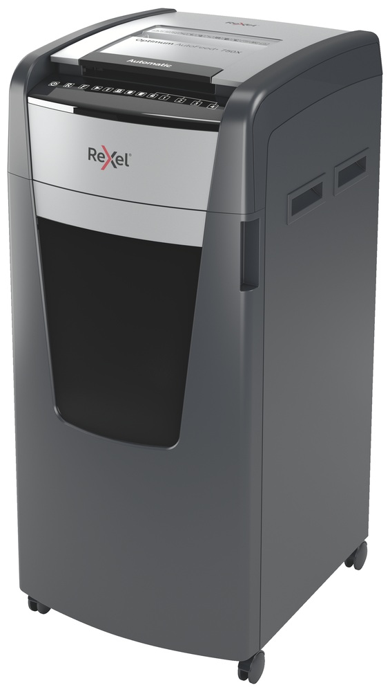 Distrugator automat documente Rexel OPTIMUM 750X , 750 coli, P4, cross-cut (tip confeti), cos 140 litri, negru-gri, "2020750XEU" (timbru verde 40 lei)