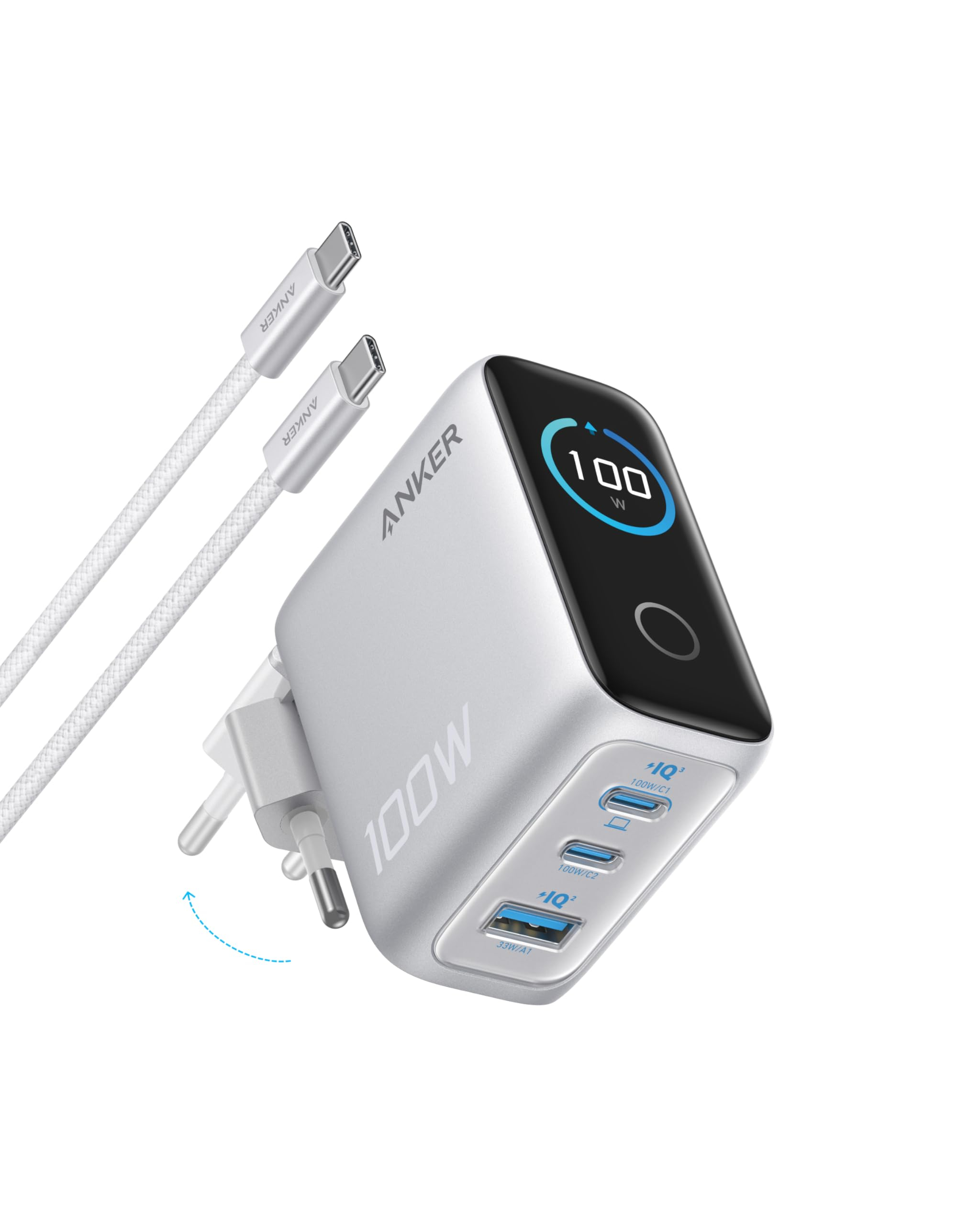 Alimentator retea Anker "Smart Display", 100 W, porturi: 2x USB-C, 1x USB-A, Silver "B121BG41" (timbru verde 0.18 lei)-0194644291754