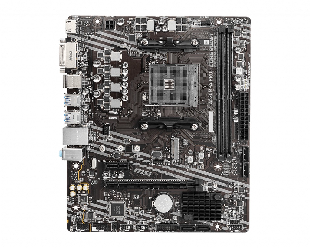 PLACA de BAZA MSI A520M, skt AM4, AMD A520, mATX, slot RAM 2 x DDR4, max 64 GB, 4x S-ATA 3, 1x M.2, 1x PCI-E, PCI-E3.0 x 16 x 1, PCI-E3.0 x 1 x 1, LAN 10/100/1000 Mbps, HDMI, DVI-D, 7.1, "A520M-A_PRO"