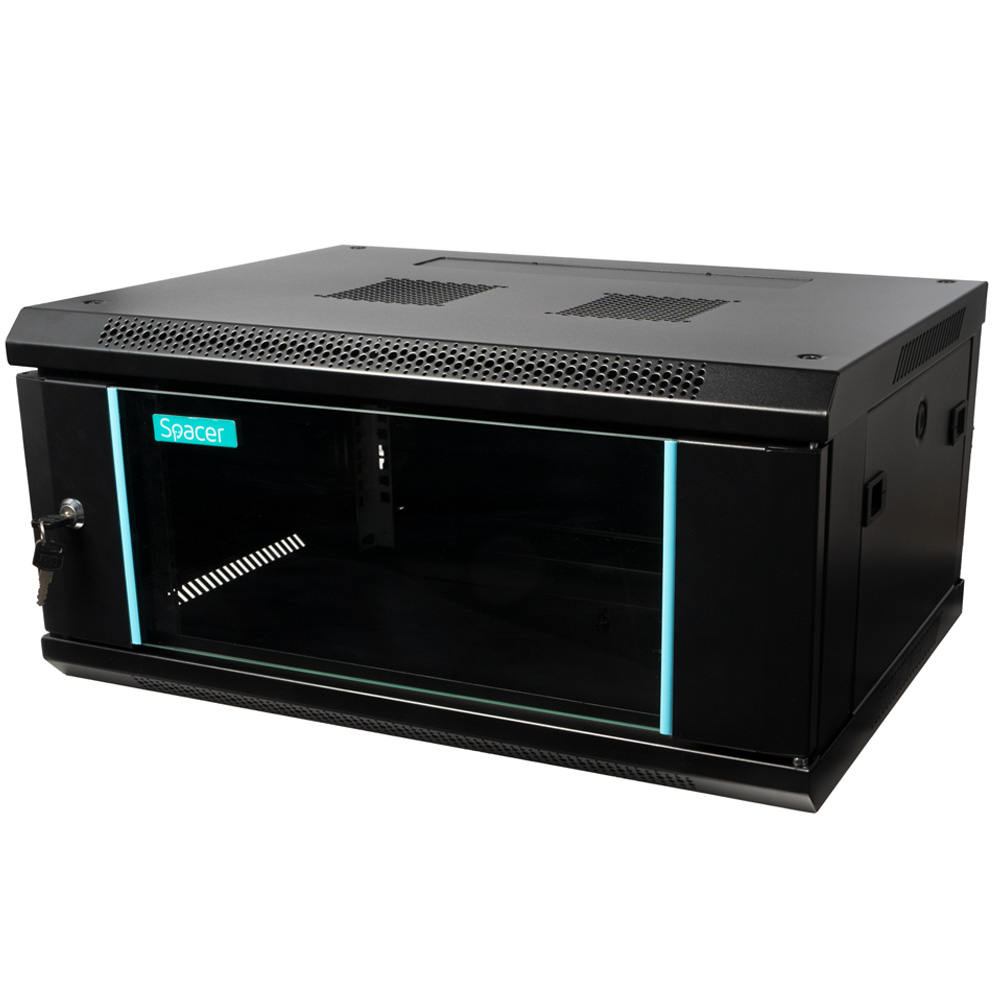 CABINET 19" SPACER 4U 600x450mm, fixare pe perete, Flatpack (dezasamblat), Black, usa sticla cu blocare, panouri detasabile, otel 1.5mm, sarcina maxima 60Kg, "SPCW-4U-450-BK-03"