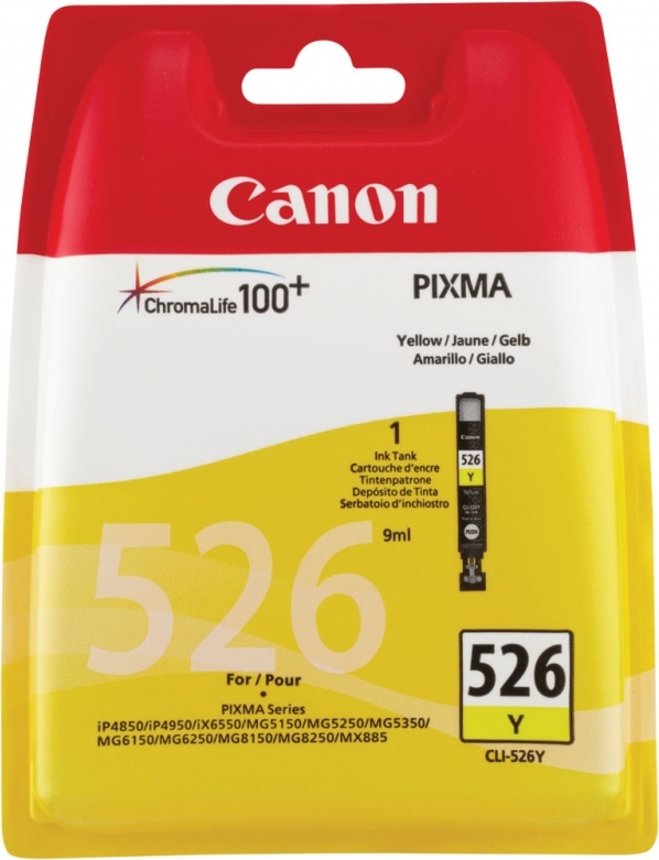 Cartus Cerneala Original Canon Yellow, CLI-526Y, pentru Pixma IP4850|IP4950|IX6550|MG5150|MG5250|MG5350|MG6150|MG6250|MG8150|MG8250|MX715|MX885|MX895, , (timbru verde 0.15 lei), "BS4543B001AA"