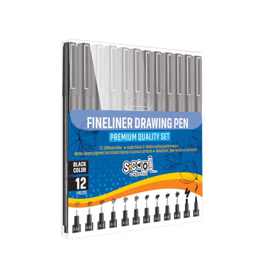 Fineliner, diferite dimensiuni 0.03-2 mm + varf tip pensula, 12 buc/set - S-COOL - imagine 6