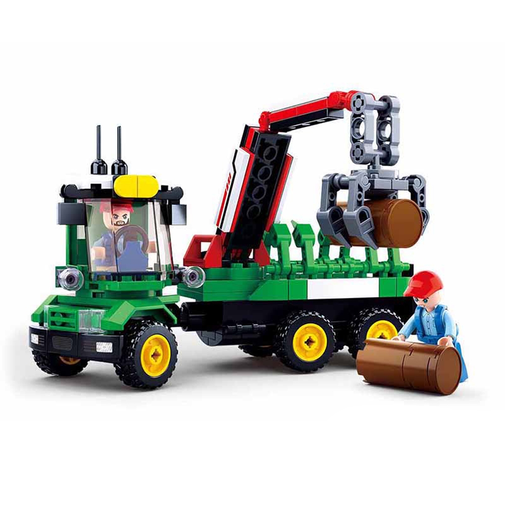 Set de constructie Farm, 209 piese, Tractor cu remorca lemne - Sluban - imagine 3