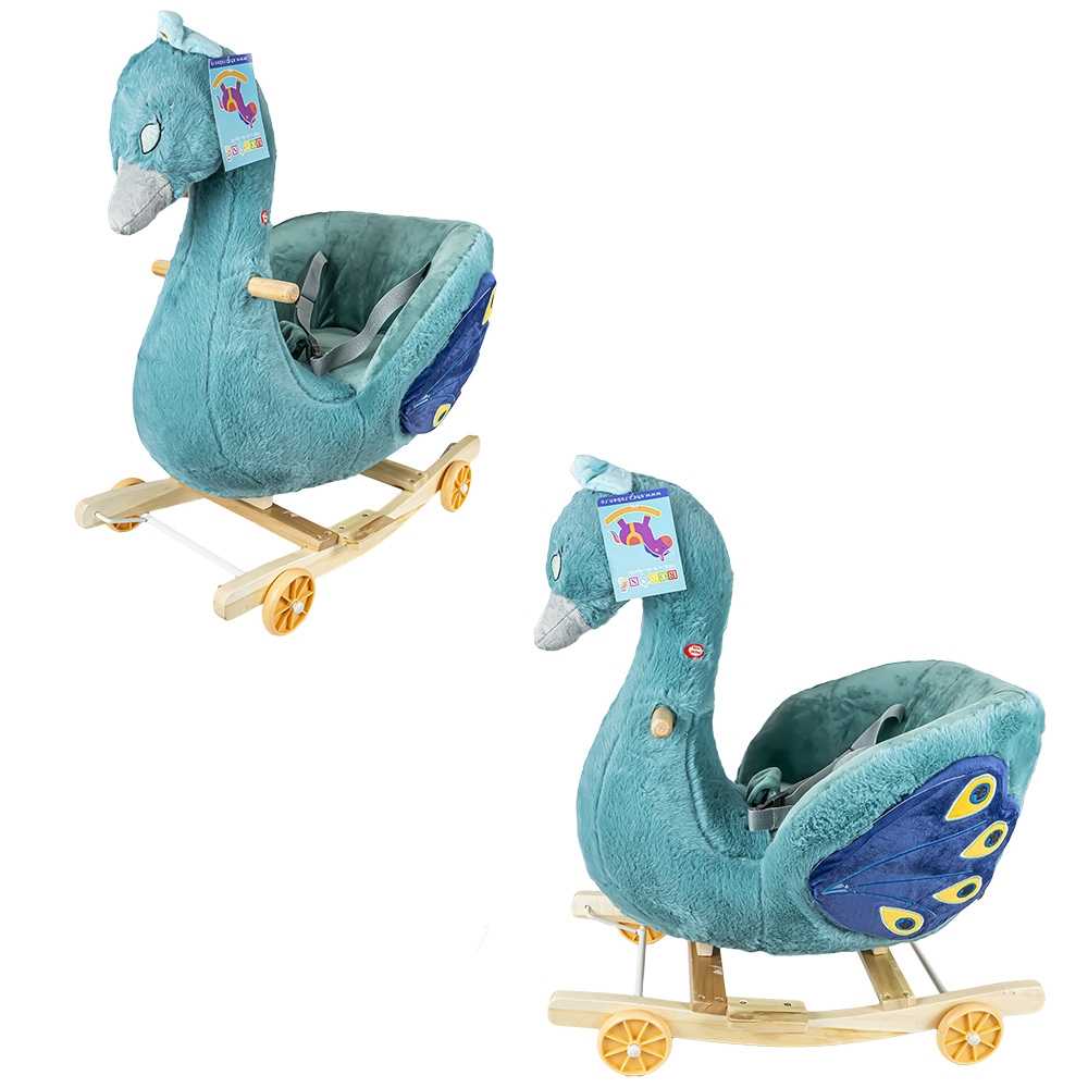 Balansoar pentru bebelusi, Paun, lemn + plus, cu rotile, 66 cm - imagine 3