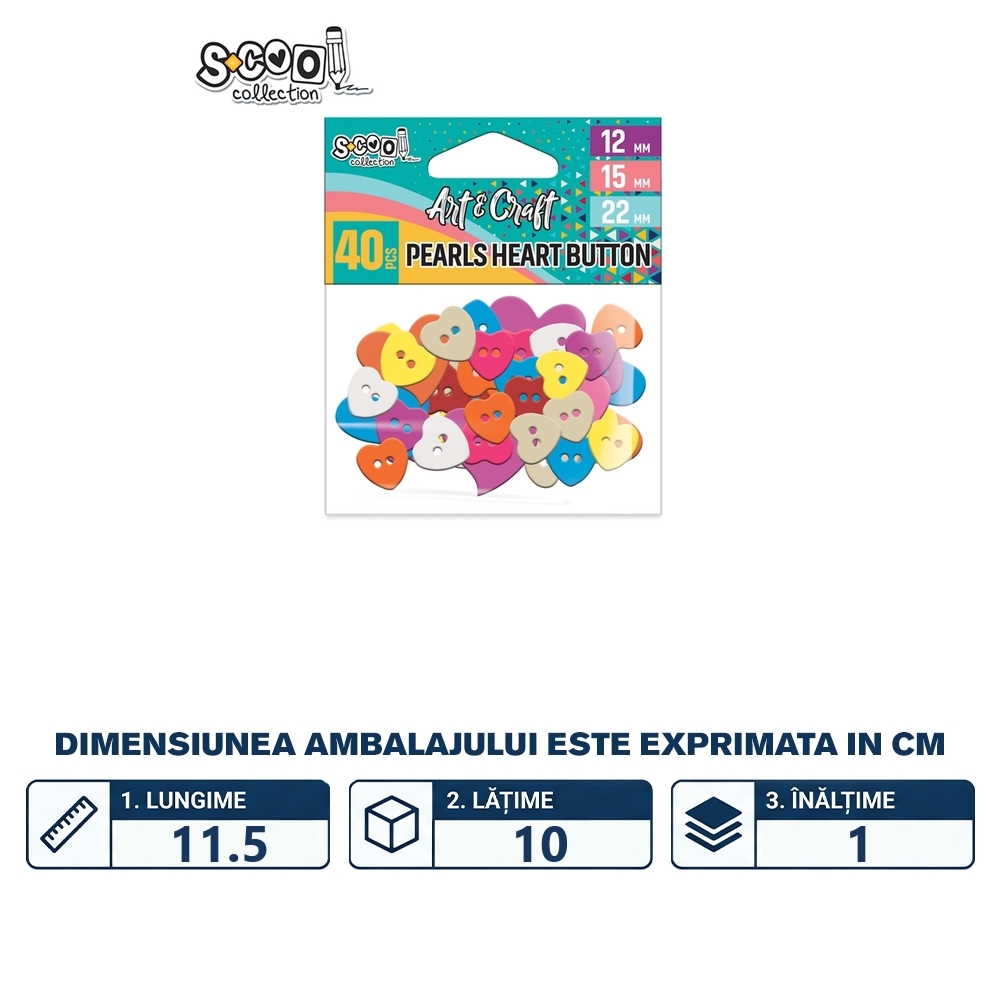 Accesorii craft, nasturi inimioara diverse culori, 40 buc/set - S-COOL - imagine 2