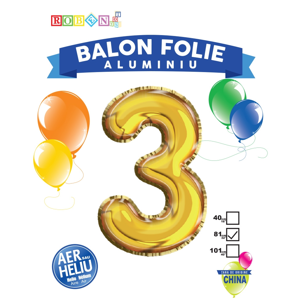 Balon, folie aluminiu, auriu, cifra 3, 81 cm