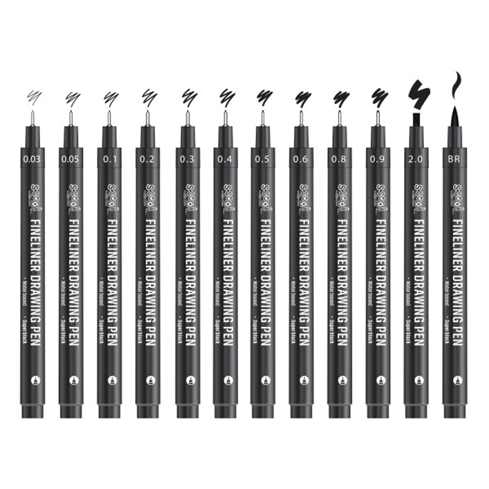 Fineliner, diferite dimensiuni 0.03-2 mm + varf tip pensula, 12 buc/set - S-COOL - imagine 5