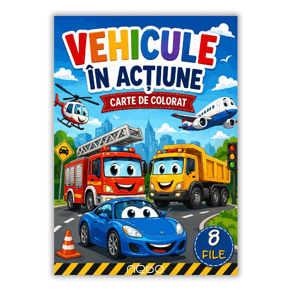 Carte de colorat A4, 8 file, Vehicule in actiune - NEBO