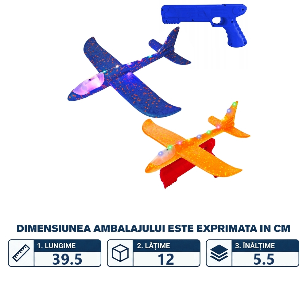 Pistol lansator cu avion din polistiren, led, 38 cm - imagine 2