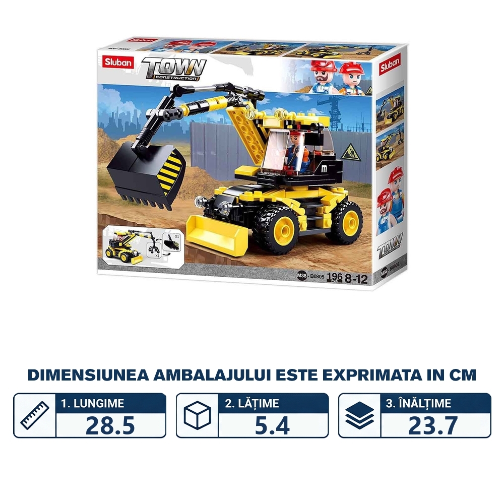 Set de constructie Town, 196 piese, Excavator pe roti - Sluban - imagine 2