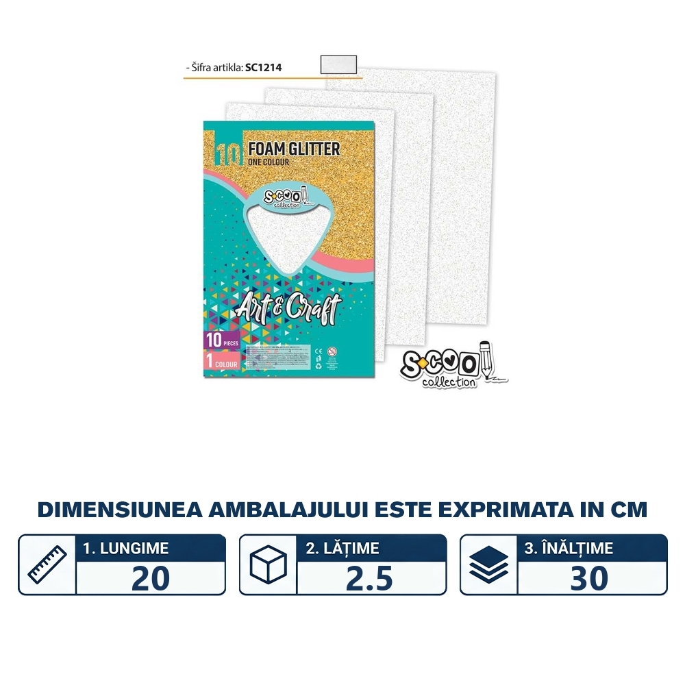 Hartie buretata, glitter, alba, 10 buc/set, 20x30 cm - S-COOL - imagine 2