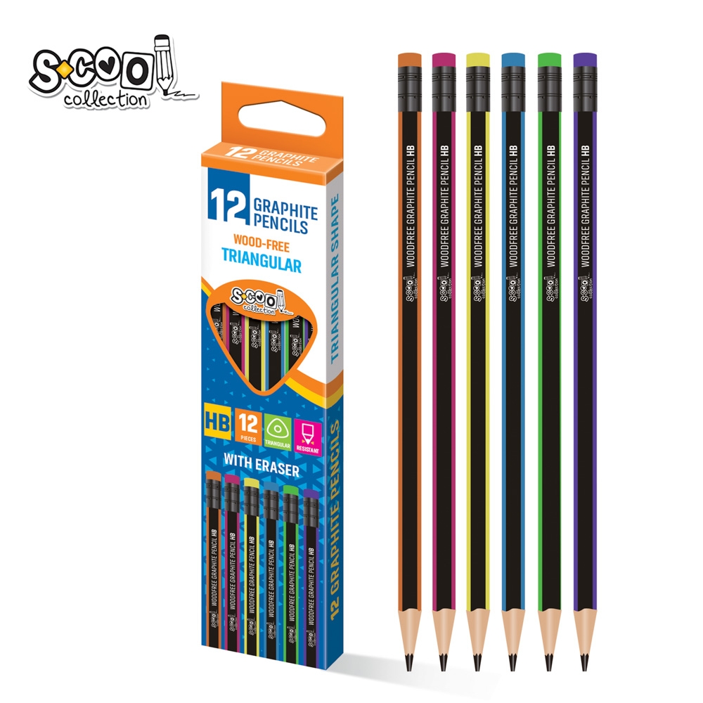 Creion grafit HB, cu radiera, triunghiular, 12 buc/cutie - S-COOL