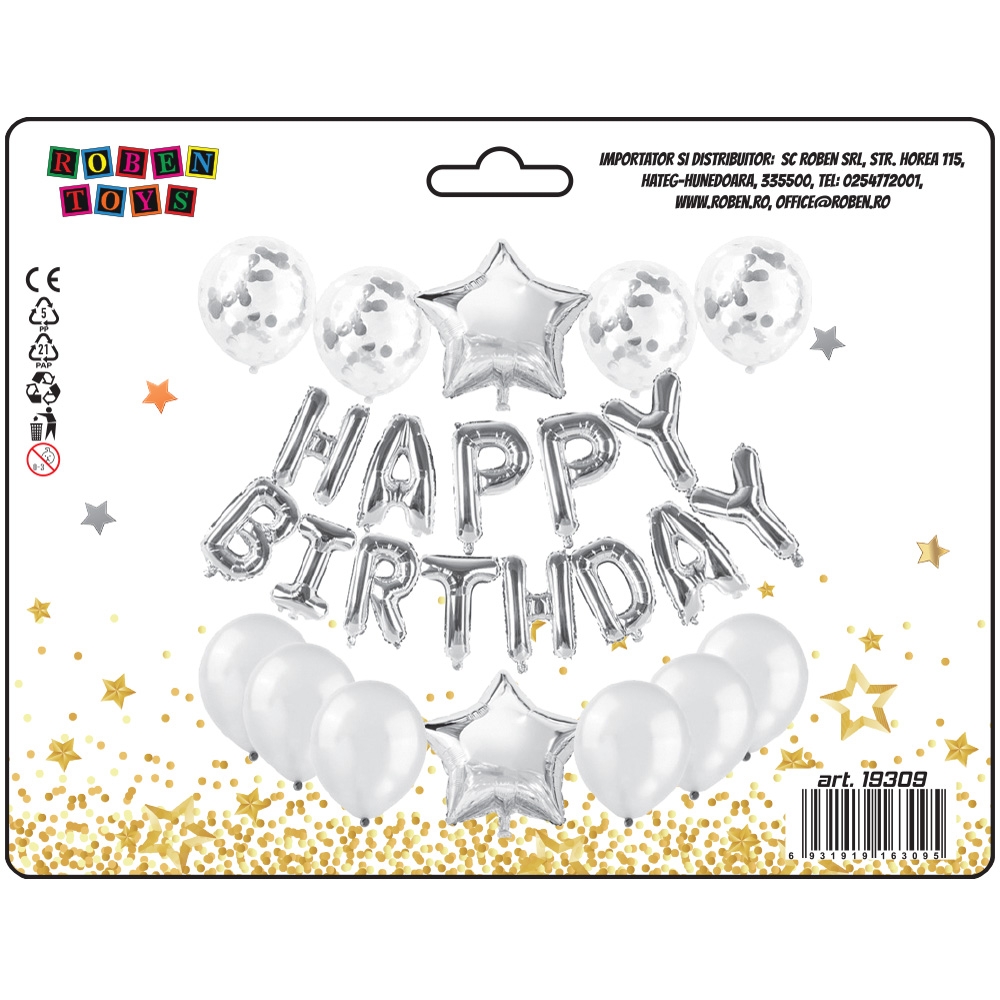 Baloane folie aluminiu, Happy Birthday, Argintii, 25 buc/set