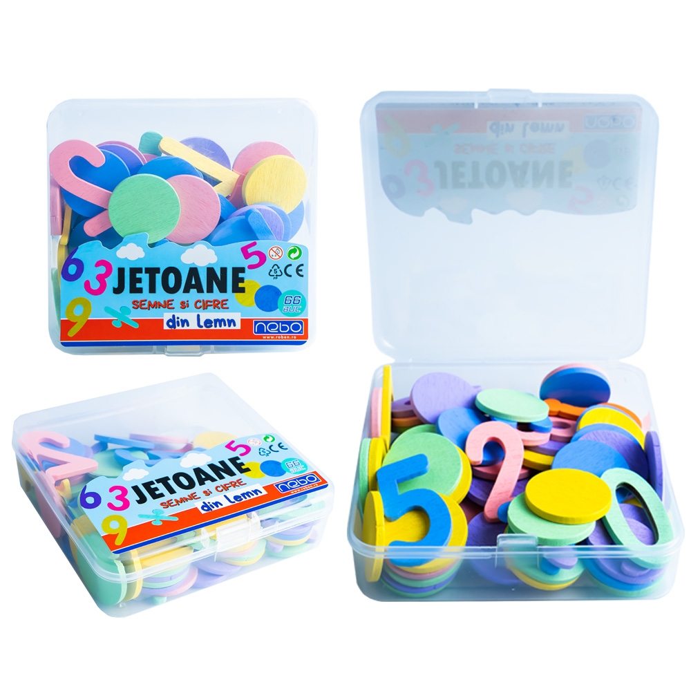 Jetoane, semne si cifre din lemn, culori pastel - NEBO