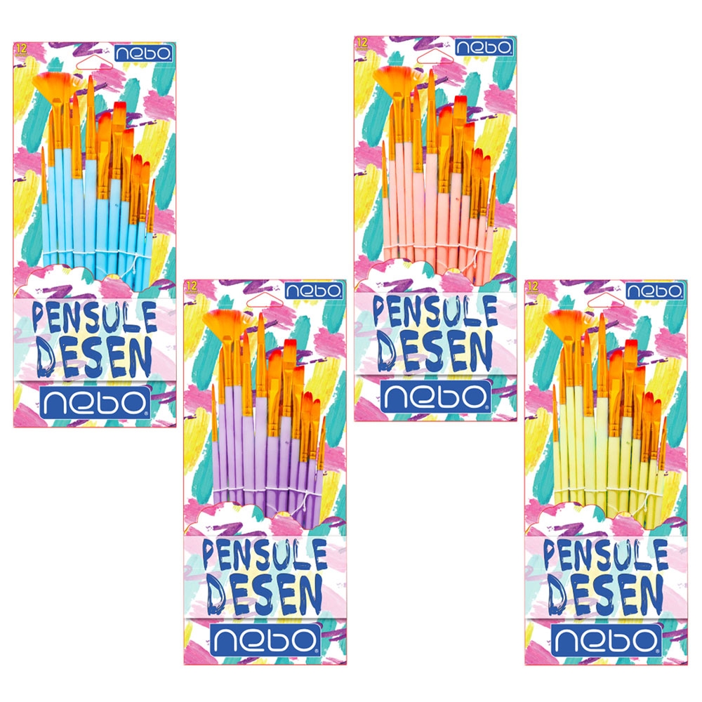 Pensule desen, culori pastel, mix, 12 buc/set - NEBO