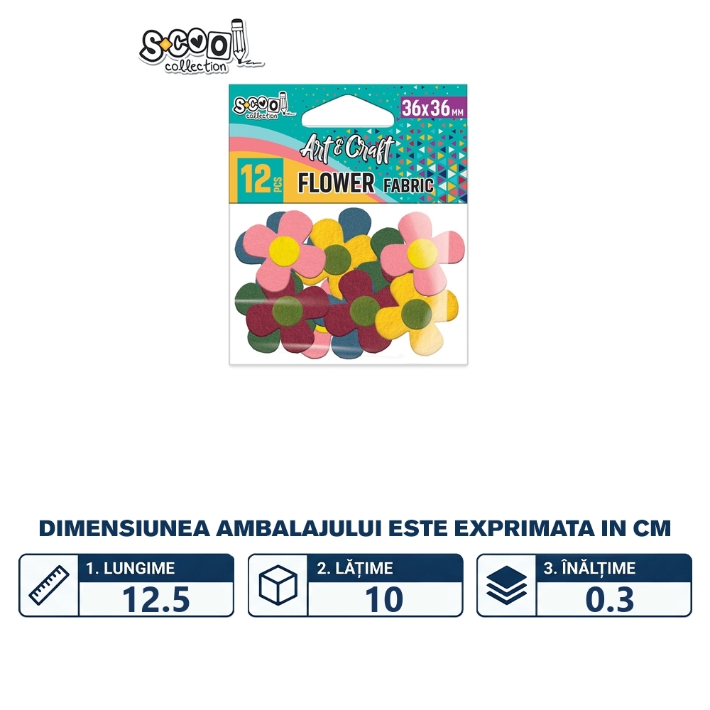 Accesorii craft, floricele material textil, 36x36mm, 12 buc/set - S-COOL - imagine 2