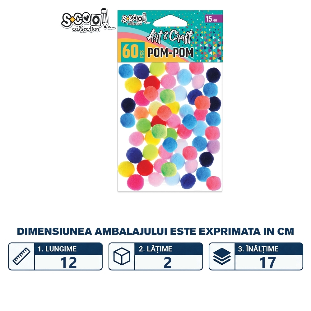 Accesorii craft, pom-pom, 15 mm, 60 buc/set - S-COOL - imagine 2