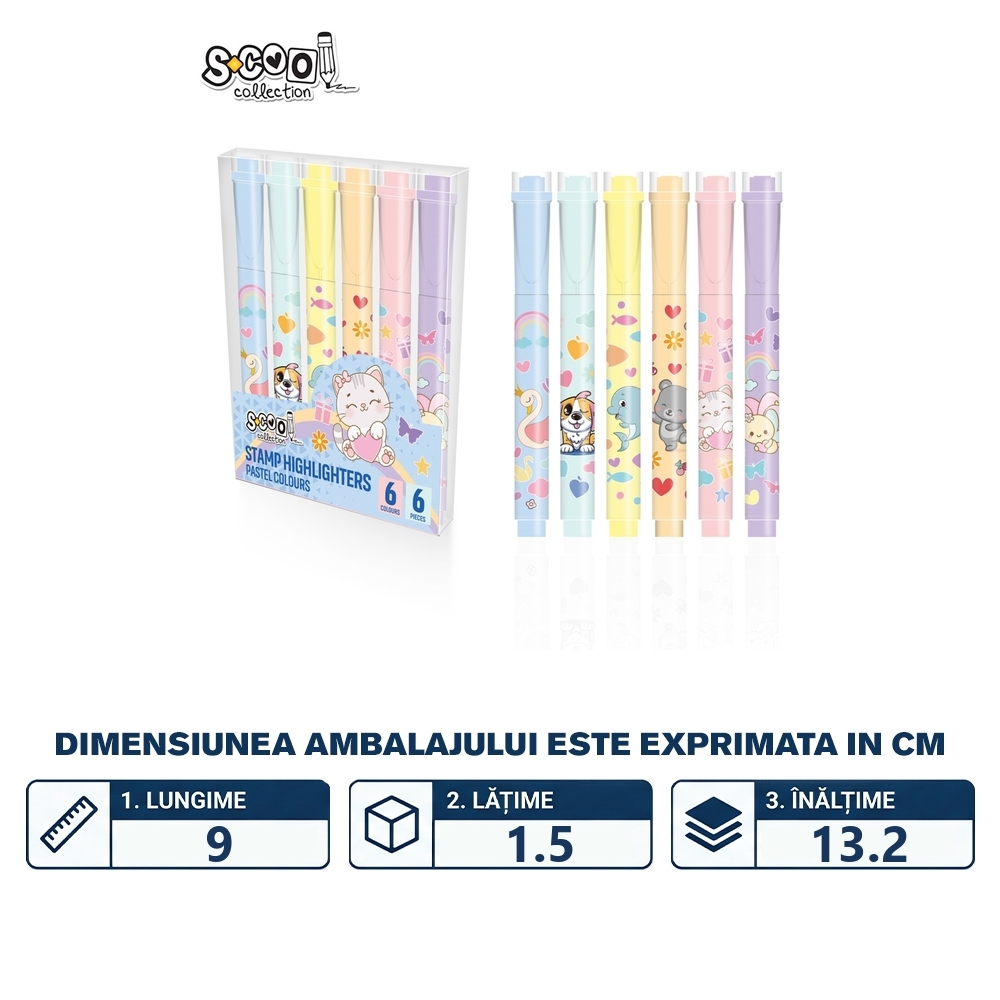 Textmarker cu stampila, culori pastel, 6 buc/set - S-COOL - imagine 2