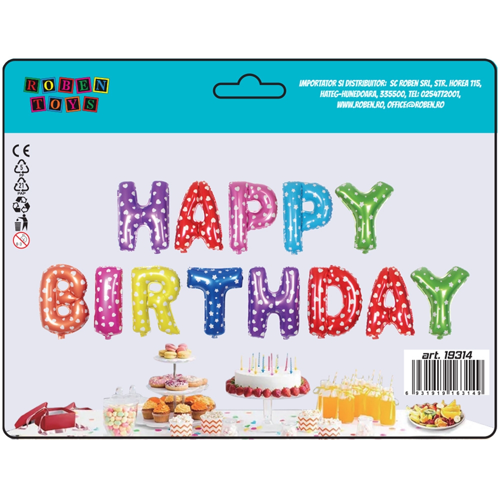 Baloane folie aluminiu, Happy Birthday, 13 buc/set