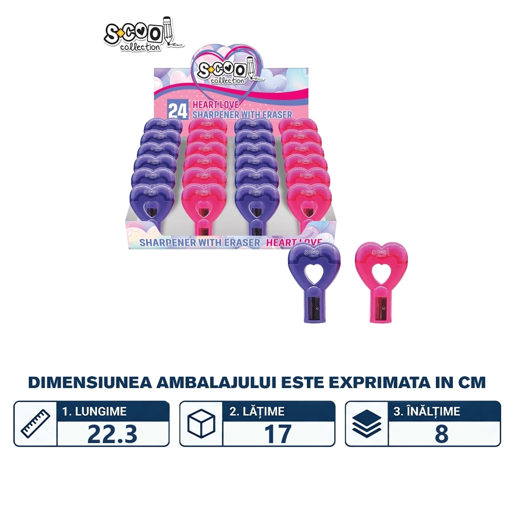 Ascutitoare cu radiera, inimioara, 24 buc/display - S-COOL - imagine 2