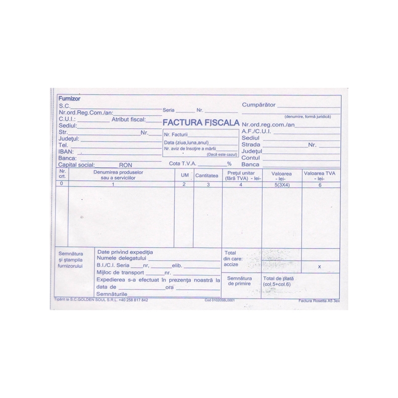 Facturier A5, 100 file, autocopiativ, cu TVA, 3 exemplare