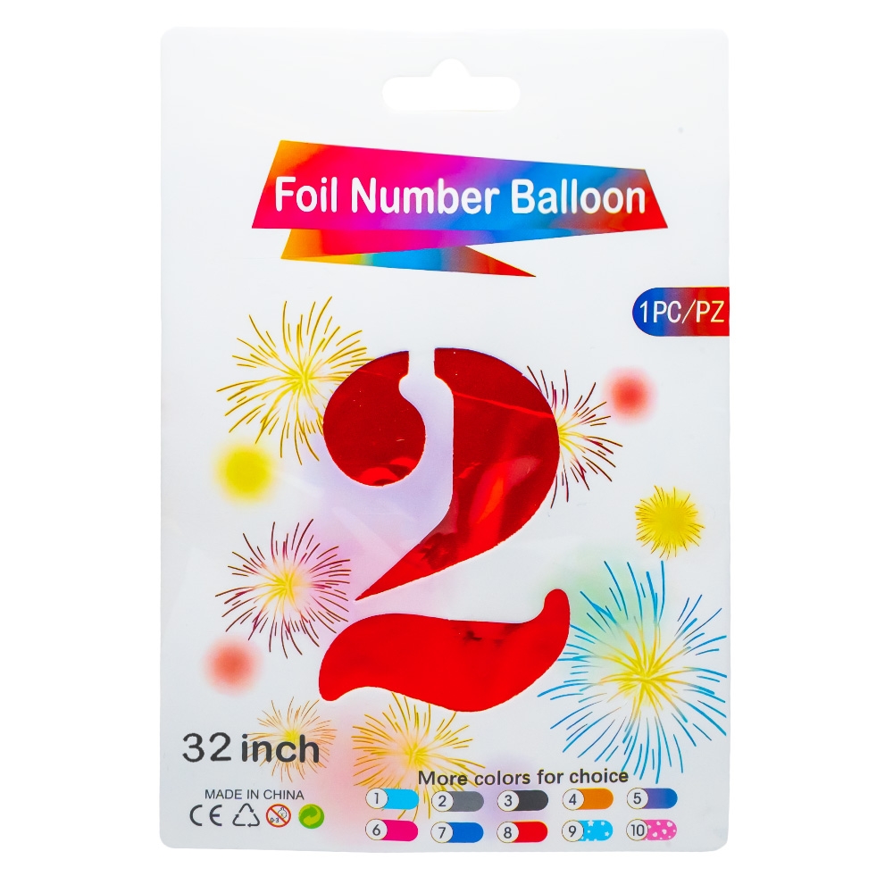 Balon, folie aluminiu, Rosu, cifra 2, 81 cm