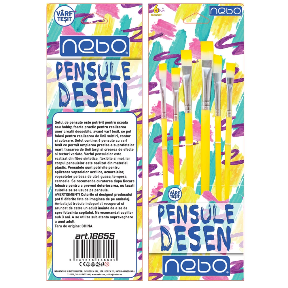 Pensule desen, culori pastel, varf tesit, 6 buc/set - NEBO - imagine 3
