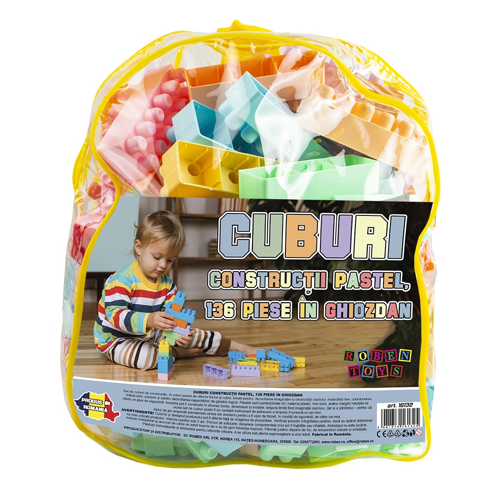 Cuburi constructii, pastel, 136 piese/ghiozdan - ROBENTOYS - imagine 5