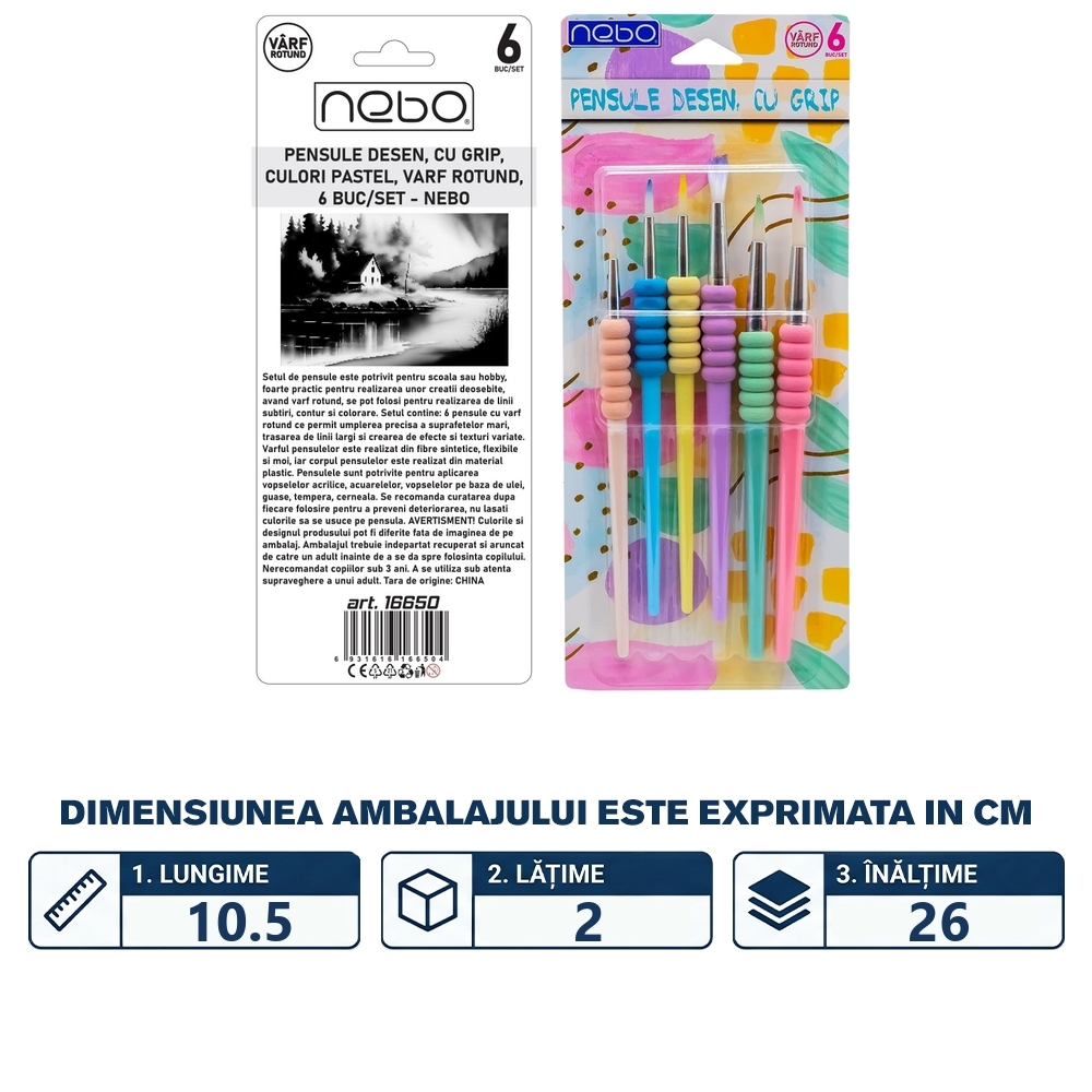 Pensule desen, cu grip, culori pastel, varf rotund, 6 buc/set - NEBO - imagine 2