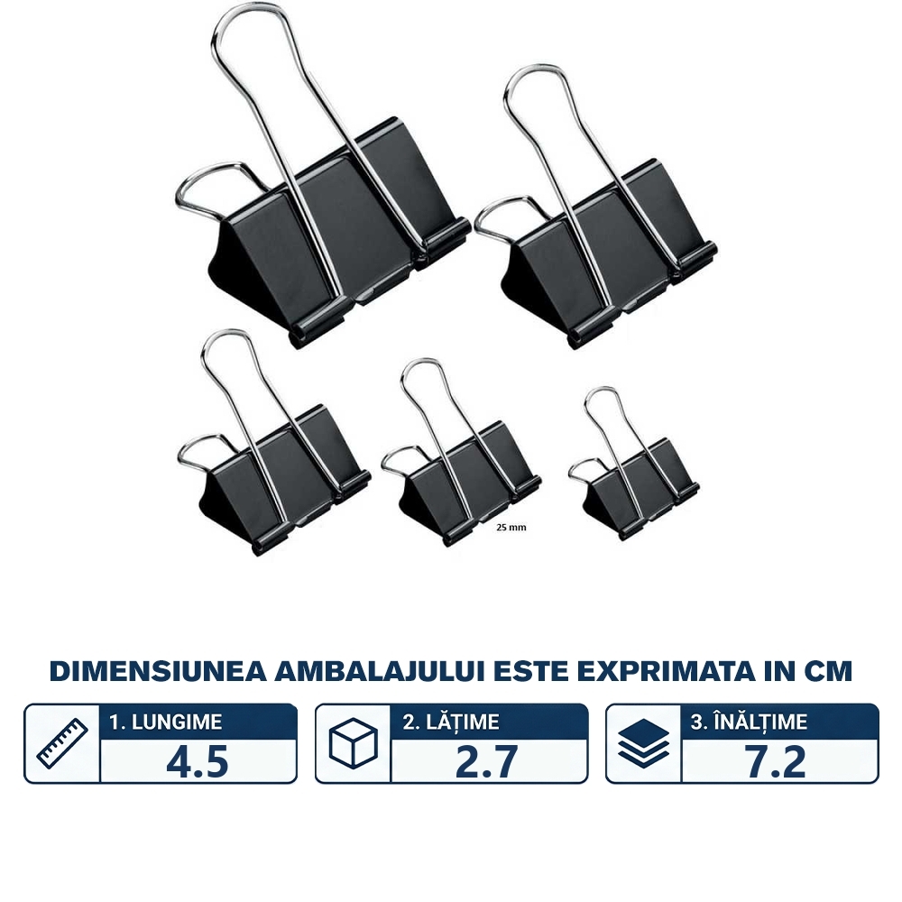 Clipsuri metalice, negre, 25mm, 12buc/set - OFFISHOP - imagine 2